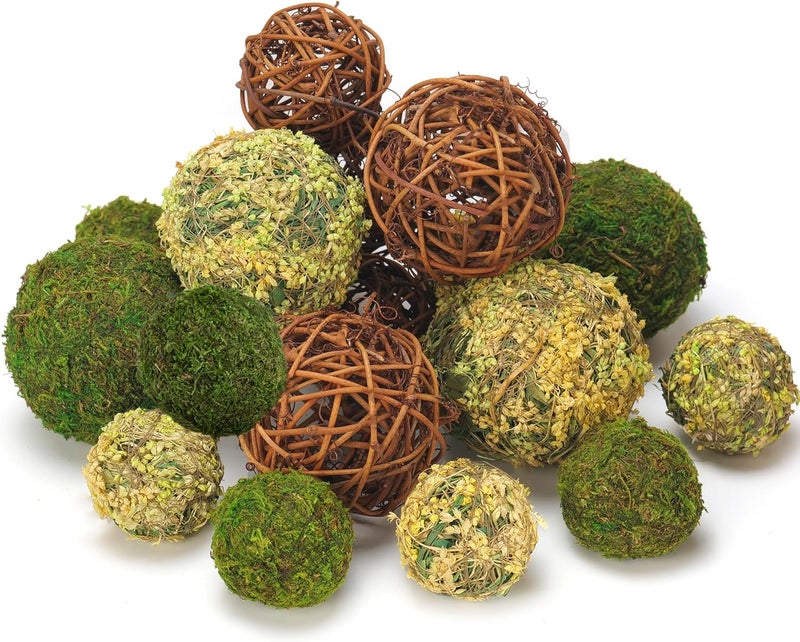 BYHER Decorative Balls for Centerpiece Bowls, 18pcs Fake Moss Balls + Wicker Rattan Balls Set Vase Bowl Filler for Home Garden Wedding Party Decor (Fresh Green + Rustic Brown) - Image 1